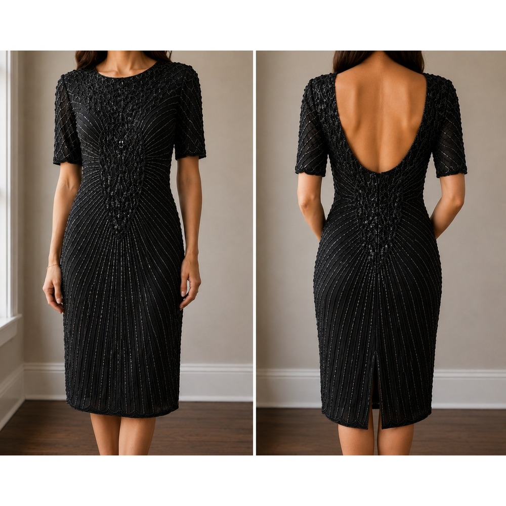 Silk Beaded Sequin Cocktail Dress XS Open‎ Back Art Deco Black Party Vintage 80s